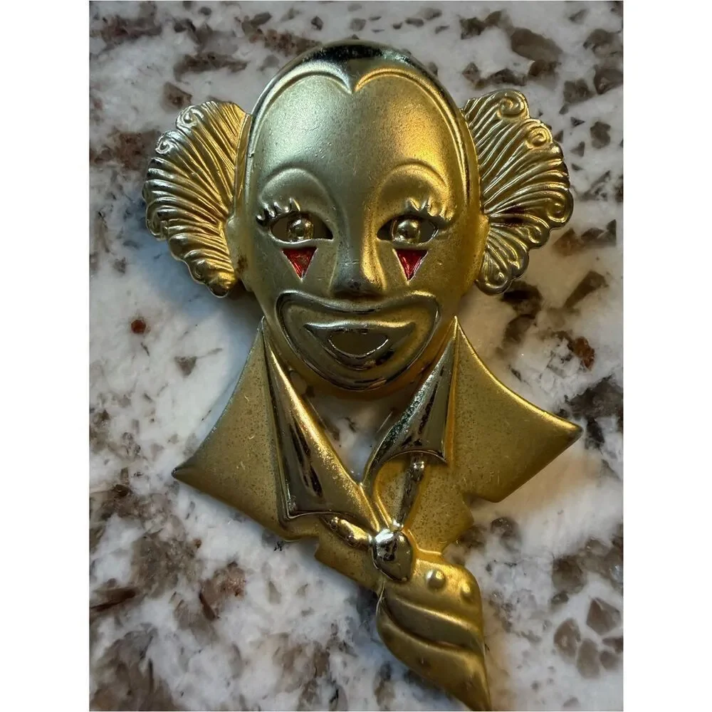 Vintage Gold Clown Face Brooch Statement Women Jewelry Art Unique Pin